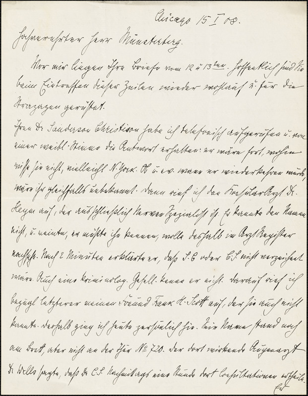 Wever, Walther Johann, 1859-1922 autograph letter signed to Hugo Münsterberg, Chicago, 15 January 1908