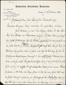 Wever, Walther Johann, 1859-1922 autograph letter signed to Hugo Münsterberg, Chicago, 09 February 1908