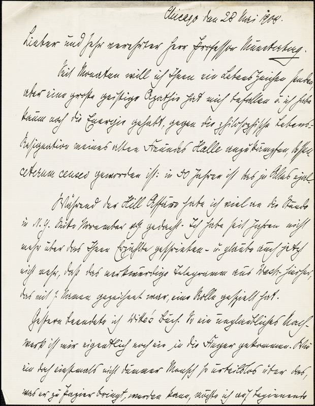 Wever, Walther Johann, 1859-1922 autograph letter signed to Hugo Münsterberg, Chicago, 28 May 1908