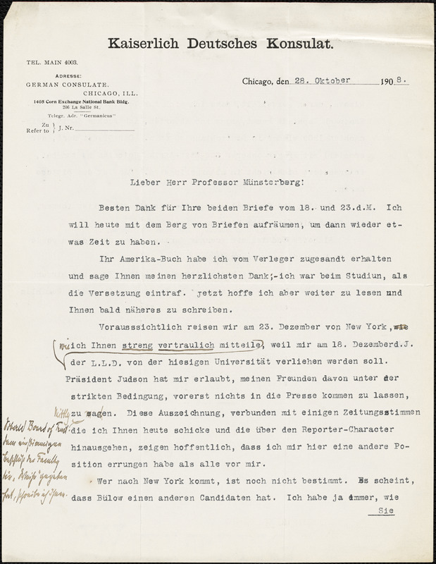 Wever, Walther Johann, 1859-1922 typed letter signed to Hugo Münsterberg, Chicago, 28 October 1908