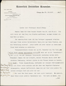 Wever, Walther Johann, 1859-1922 typed letter signed to Hugo Münsterberg, Chicago, 28 October 1908