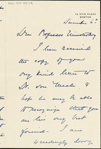 Whitney, Margaret F. (Green) 2 autograph letters signed to Hugo Münsterberg, Boston, 06 December 1912