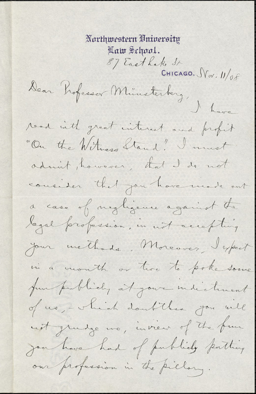 Wigmore, John Henry, 18631943 autograph letter signed to Hugo