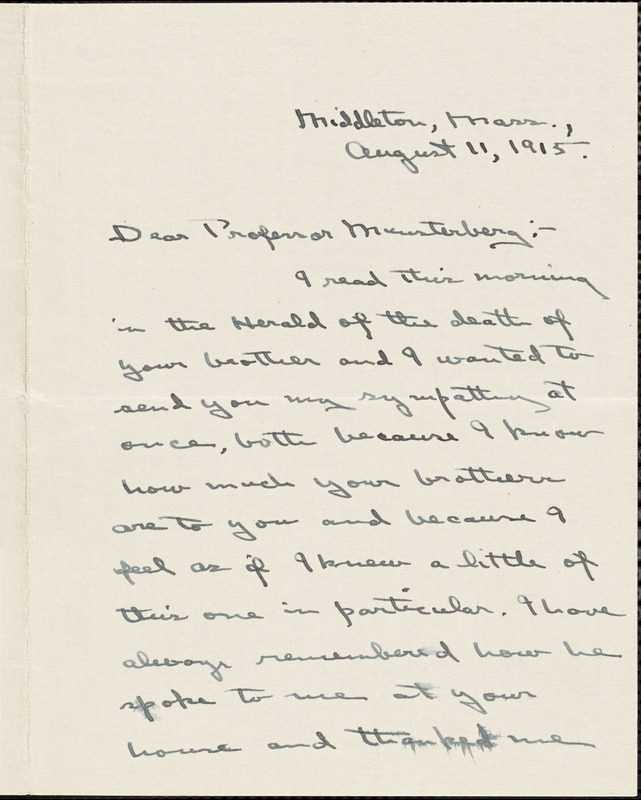 Wilkens, Zora Putnam autograph letter signed to Hugo Münsterberg