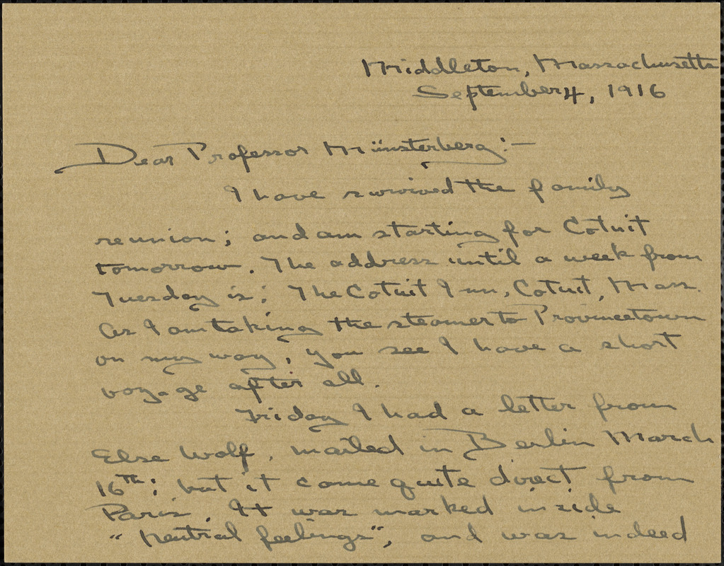 Wilkens, Zora Putnam autograph letter signed to Hugo Münsterberg, Middleton, Mass., 04 September 1916