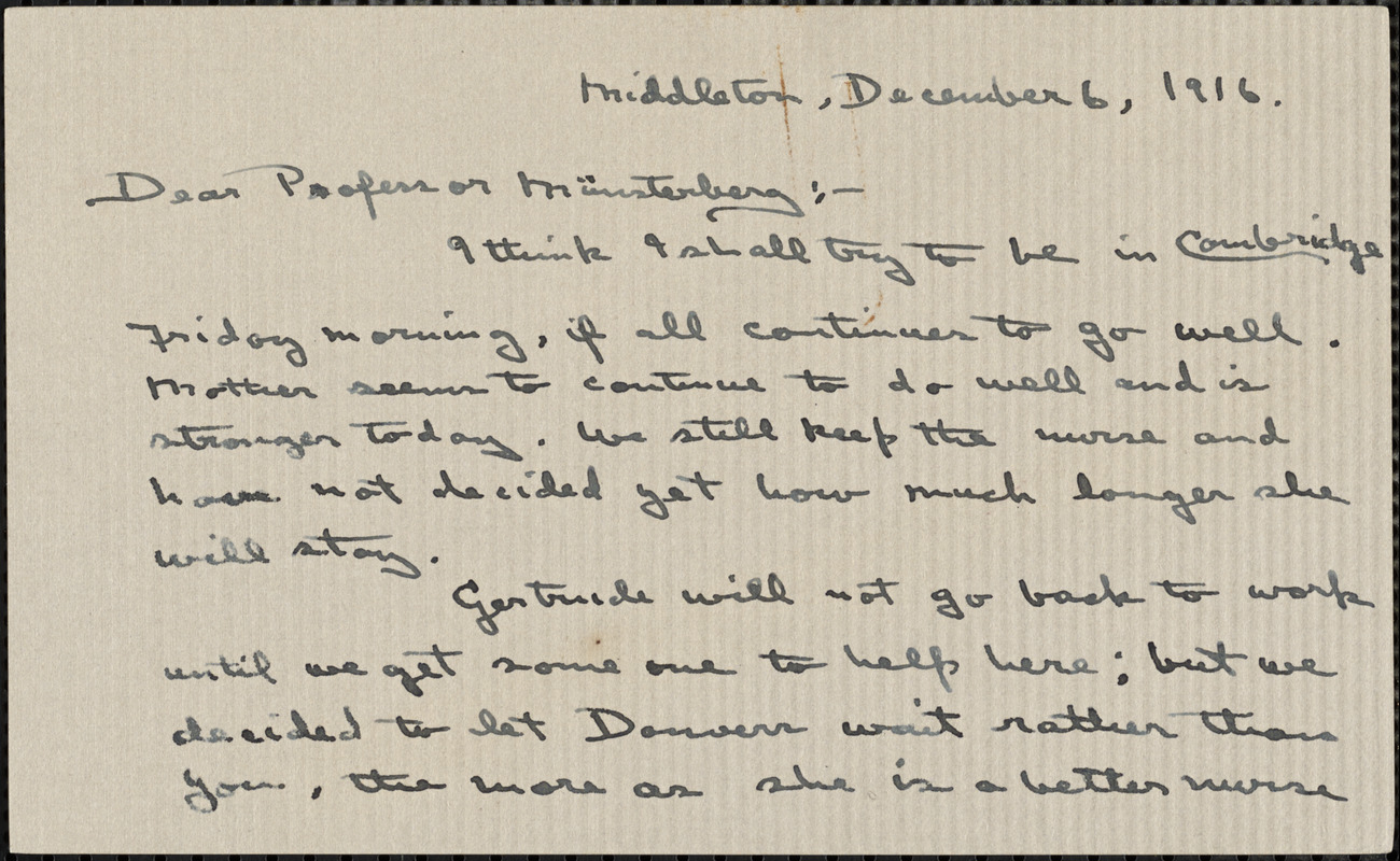 Wilkens, Zora Putnam autograph letter signed to Hugo Münsterberg, Middleton, Mass., 06 December 1916
