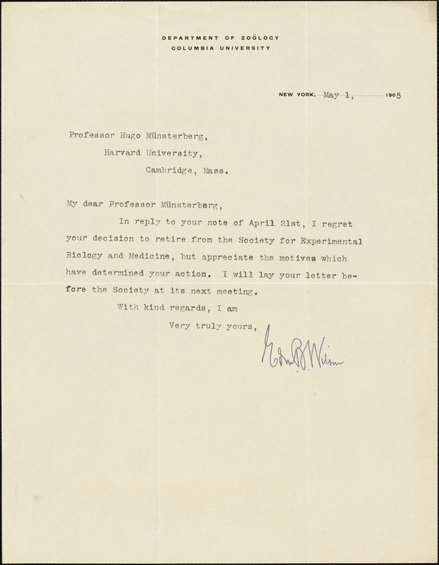 Wilson, Edward Beecher, 1856-1939 typed letter signed to Hugo ...