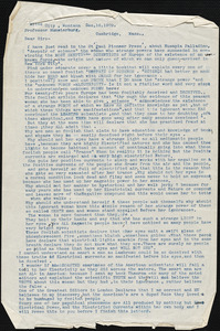 Wiltse, Mrs. May Bernard typed letter signed to Hugo Münsterberg, Miles City, Mont., 16 December 1909