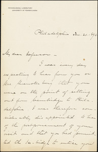 Witmer, Lightner, 1867-1956 autograph letter signed to Hugo Münsterberg, Philadelphia, 31 January 1893