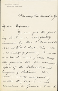 Witmer, Lightner, 1867-1956 autograph letter signed to Hugo Münsterberg, Philadelphia, 14 March 1893