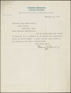 Woodbridge, Frederick James Eugene, 1867-1940 typed letter signed to Hugo Münsterberg, New York, 25 February 1915