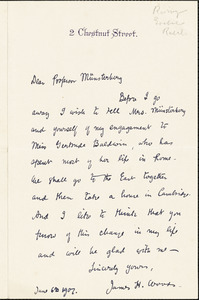 Woods, James Haughton, 1864-1935 autograph letter signed to Hugo Münsterberg, Boston, 06 June 1907