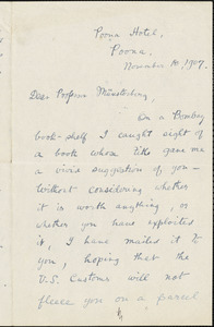 Woods, James Haughton, 1864-1935 autograph letter signed to Hugo Münsterberg, Poona, India, 18 November 1907