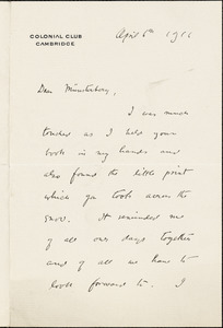 Woods, James Haughton, 1864-1935 autograph letter signed to Hugo Münsterberg, Cambridge, Mass., 06 April 1916