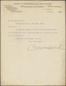 Woodward, Calvin Milton, 1837-1915 typed letter signed to Hugo Münsterberg, St. Louis, Mo., 20 October 1904