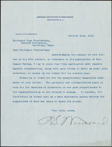 Woodward, Robert Simpson, 1849-1924 typed letter signed to Hugo Münsterberg, Washington, 31 October 1912