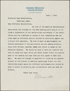 Woodworth, Robert Sessions, 1869-1962 typed letter signed to Hugo Münsterberg, New York, 07 June 1916