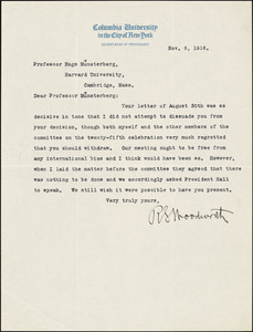 Woodworth, Robert Sessions, 1869-1962 typed letter signed to Hugo Münsterberg, New York, 06 November 1916