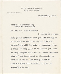 Woolley, Mary Emma, 1863-1947 typed letter signed to Hugo Münsterberg, South Hadley, Mass., 09 November 1905