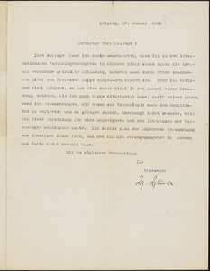 Wundt, Wilhelm Max, 1832-1920 typed letter signed to Hugo Münsterberg, Leipzig, Ger., 27 January 1896