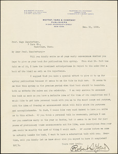 Yard, Robert Sterling, 1861-1945 typed letter signed to Hugo Münsterberg, New York, 11 December 1908