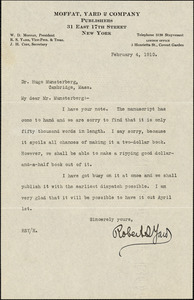 Yard, Robert Sterling, 1861-1945 typed letter signed to Hugo Münsterberg, New York, 4 February 1910