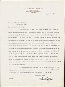 Yard, Robert Sterling, 1861-1945 typed letter signed to Hugo Münsterberg, New York, 9 April 1910