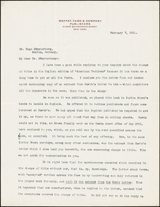 Yard, Robert Sterling, 1861-1945 typed letter signed to Hugo Münsterberg, New York, 7 February 1911
