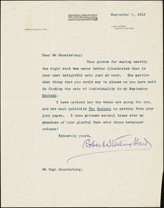 Yard, Robert Sterling, 1861-1945 typed letter signed to Hugo Münsterberg, New York, 5 September 1913