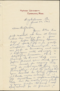 Yerkes, Robert Mearns, 1876-1956 autograph letter signed to Hugo Münsterberg, Cambridge, Mass., 20 June 1903