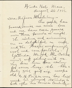 Yerkes, Robert Mearns, 1876-1956 autograph letter signed to Hugo Münsterberg, Woods Hole, Mass., 26 August 1906