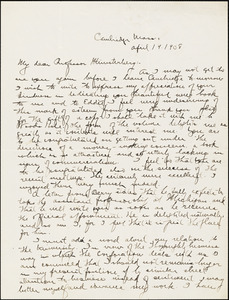 Yerkes, Robert Mearns, 1876-1956 autograph letter signed to Hugo Münsterberg, Cambridge, Mass., 14 April 1908