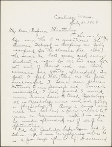 Yerkes, Robert Mearns, 1876-1956 autograph letter signed to Hugo Münsterberg, Cambridge, Mass., 21 July 1908
