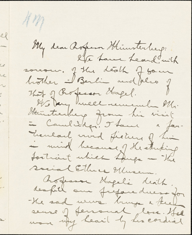 Yerkes, Robert Mearns, 1876-1956 autograph letter signed to Hugo Münsterberg, Cambridge, Mass., 29 January 1911
