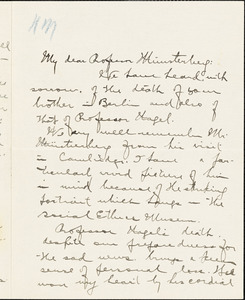 Yerkes, Robert Mearns, 1876-1956 autograph letter signed to Hugo Münsterberg, Cambridge, Mass., 29 January 1911