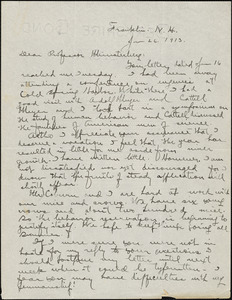 Yerkes, Robert Mearns, 1876-1956 autograph letter signed to Hugo Münsterberg, Franklin, N.H., 26 June 1913