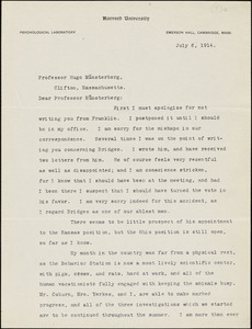 Yerkes, Robert Mearns, 1876-1956 typed letter signed to Hugo Münsterberg, Cambridge, Mass., 6 July 1914