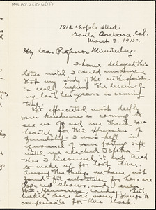 Yerkes, Robert Mearns, 1876-1956 autograph letter signed to Hugo Münsterberg, Santa Barbara, Cal., 7 March 1915