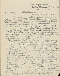 Yerkes, Robert Mearns, 1876-1956 autograph letter signed to Hugo Münsterberg, Santa Barbara, Cal., 8 May 1915