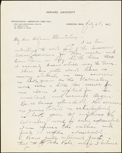 Yerkes, Robert Mearns, 1876-1956 autograph letter signed to Hugo Münsterberg, Cambridge, Mass., 28 July 1903