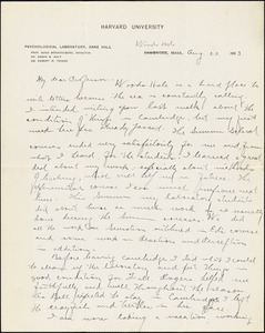 Yerkes, Robert Mearns, 1876-1956 autograph letter signed to Hugo Münsterberg, Woods Hole, Mass., 23 August 1903