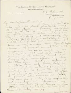 Yerkes, Robert Mearns, 1876-1956 autograph letter signed to Hugo Münsterberg, Cambridge, Mass., 19 July 1905