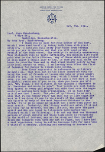 Young, James Carleton, 1856-1918 typed letter signed to Hugo Münsterberg, Minneapolis, Minn., 7 November 1911