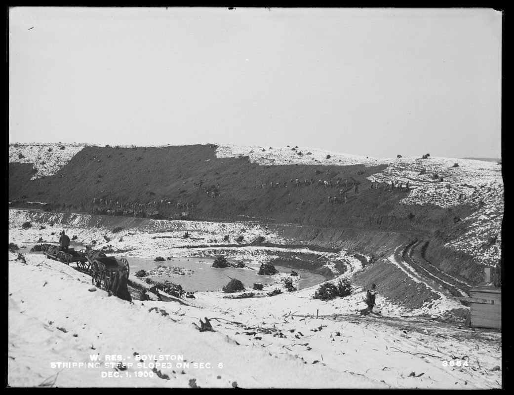 Wachusett Reservoir, stripping steep slopes on Section 6, near Dumping Platform No. 10, Boylston, Mass., Dec. 1, 1900