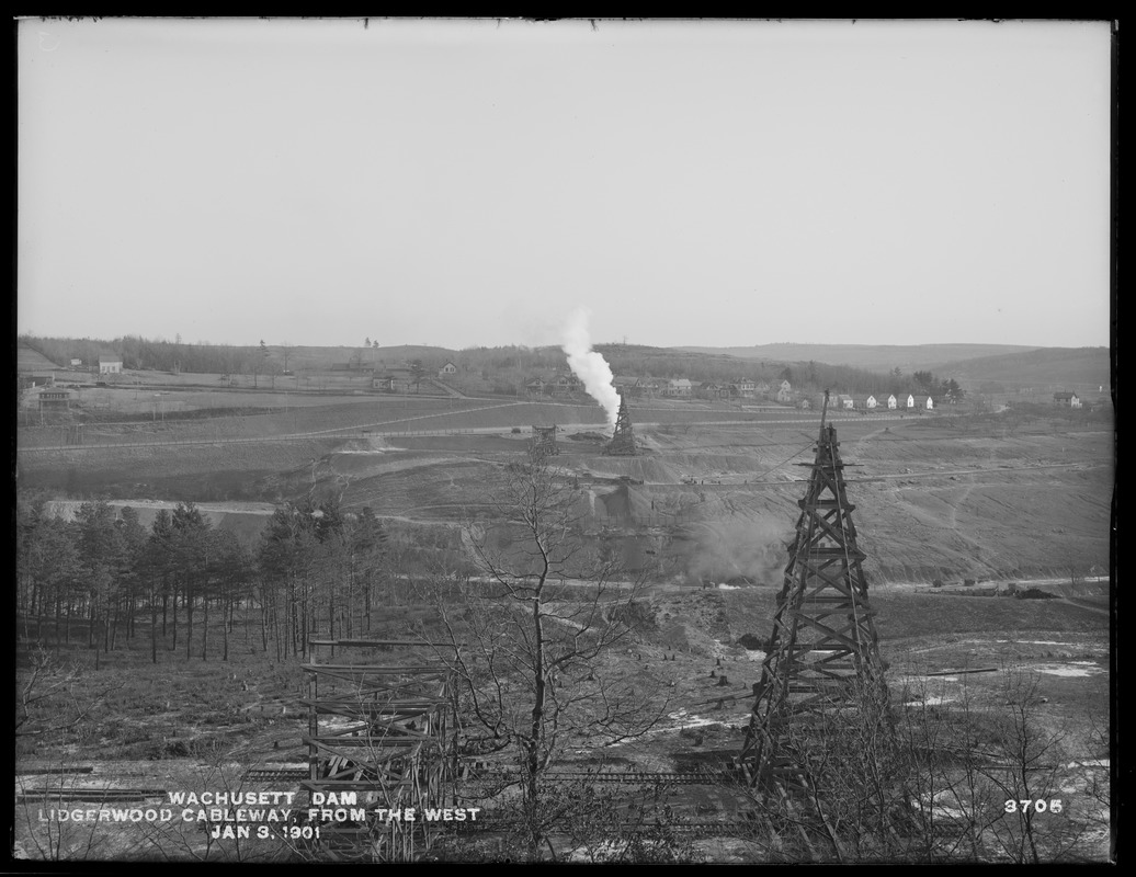 Wachusett Dam, Lidgerwood cableway, from the west on Burditt Hill, Clinton, Mass., Jan. 3, 1901
