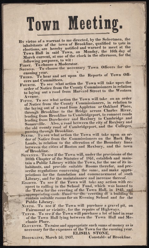 Announcement of town meeting including major warrant articles 1857