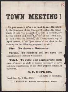 Announcement of town meeting, including warrant articles 1861