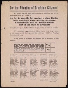 Poster urging support of referendum regarding precinct voting town meetings & annual moderator
