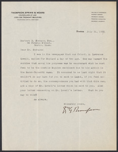 Herbert Brutus Ehrmann Papers, 1906-1970. Sacco-Vanzetti. Correspondence re: research and publication of The Untried Case, 1928-1937. Box 2, Folder 20, Harvard Law School Library, Historical & Special Collections