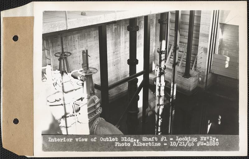 Interior view of Outlet Building, Shaft #1, showing relief valves and stop shutters, looking northwesterly, West Boylston, Mass., Oct. 21, 1936